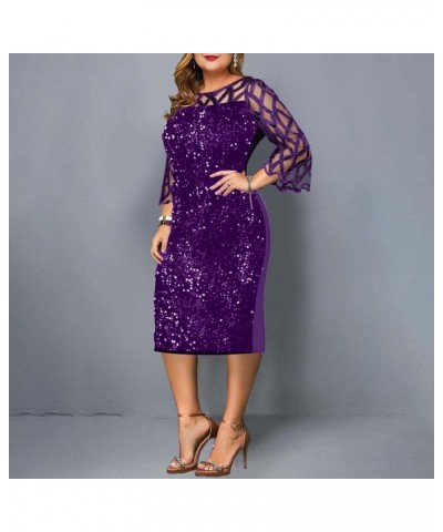 Women's Sequin Dress Plus Size Mesh Long Sleeve Party Cocktail Sparkle Glitter Evening Stretchy Mini Bodycon Dresses 01-purpl...