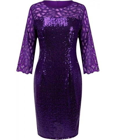 Women's Sequin Dress Plus Size Mesh Long Sleeve Party Cocktail Sparkle Glitter Evening Stretchy Mini Bodycon Dresses 01-purpl...