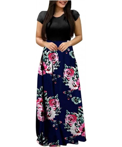 Women's Summer Maxi Dress 2024 Casual Boho Floral Printed Crew Neck Short Sleeve Beach Long Dresses Loose Flowy Sundress Navy...