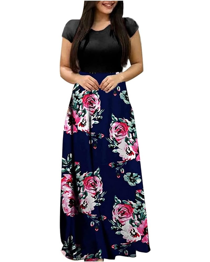 Women's Summer Maxi Dress 2024 Casual Boho Floral Printed Crew Neck Short Sleeve Beach Long Dresses Loose Flowy Sundress Navy...