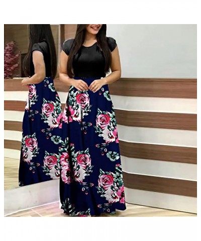 Women's Summer Maxi Dress 2024 Casual Boho Floral Printed Crew Neck Short Sleeve Beach Long Dresses Loose Flowy Sundress Navy...