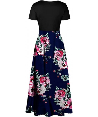 Women's Summer Maxi Dress 2024 Casual Boho Floral Printed Crew Neck Short Sleeve Beach Long Dresses Loose Flowy Sundress Navy...