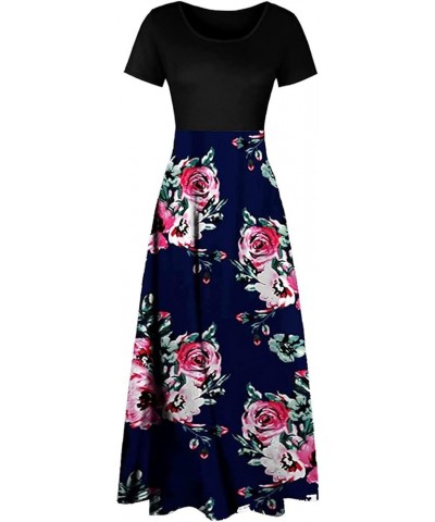 Women's Summer Maxi Dress 2024 Casual Boho Floral Printed Crew Neck Short Sleeve Beach Long Dresses Loose Flowy Sundress Navy...