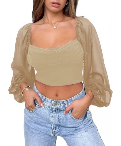 Women's Leopard Print Puff Long Sleeve Square Neck Crop Blouse Tops Hb-khaki $20.71 Blouses