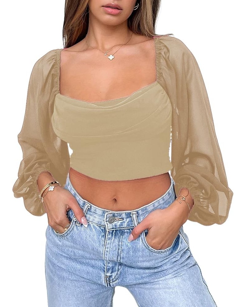 Women's Leopard Print Puff Long Sleeve Square Neck Crop Blouse Tops Hb-khaki $20.71 Blouses