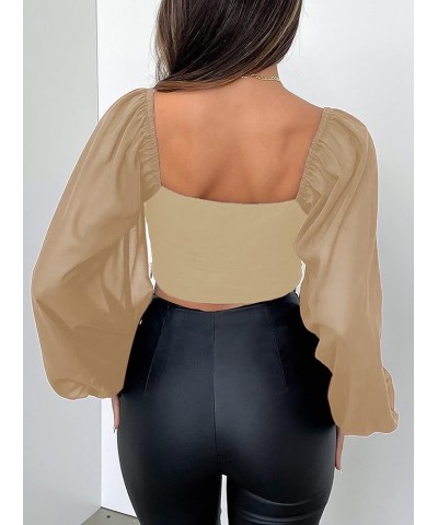 Women's Leopard Print Puff Long Sleeve Square Neck Crop Blouse Tops Hb-khaki $20.71 Blouses