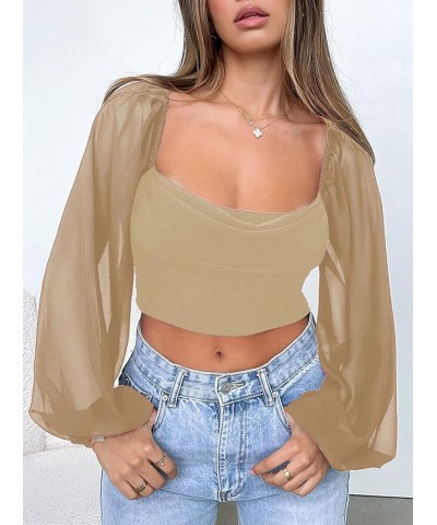 Women's Leopard Print Puff Long Sleeve Square Neck Crop Blouse Tops Hb-khaki $20.71 Blouses