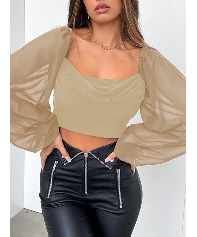 Women's Leopard Print Puff Long Sleeve Square Neck Crop Blouse Tops Hb-khaki $20.71 Blouses