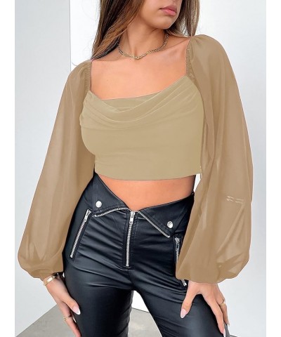 Women's Leopard Print Puff Long Sleeve Square Neck Crop Blouse Tops Hb-khaki $20.71 Blouses