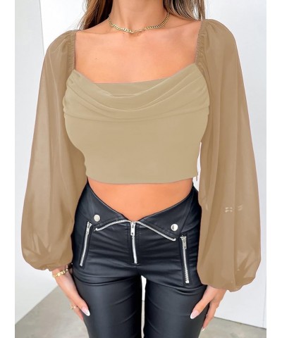 Women's Leopard Print Puff Long Sleeve Square Neck Crop Blouse Tops Hb-khaki $20.71 Blouses