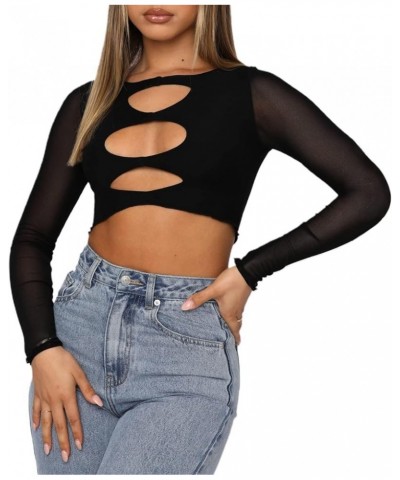 Women's Sexy Long Sleeve Cut Out Crop Top Mesh T Shirt Slim Fit Tops Black $8.47 T-Shirts