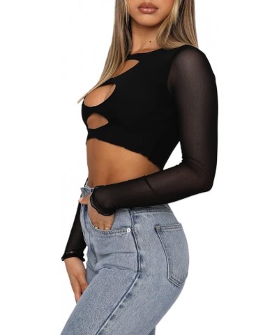 Women's Sexy Long Sleeve Cut Out Crop Top Mesh T Shirt Slim Fit Tops Black $8.47 T-Shirts