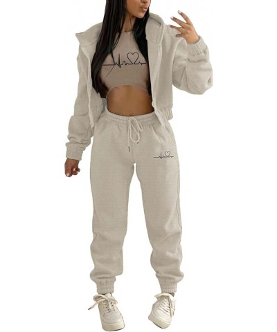 Womens 3 Piece Lounge Set Crop Tank Top Zipper Hoodie Jacket Sweatsuits Casual Tracksuit Sets Workout Jogging Suits A4-khaki?...