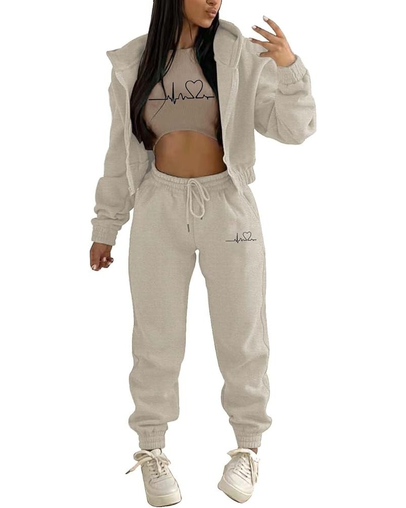 Womens 3 Piece Lounge Set Crop Tank Top Zipper Hoodie Jacket Sweatsuits Casual Tracksuit Sets Workout Jogging Suits A4-khaki?...