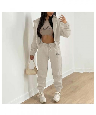 Womens 3 Piece Lounge Set Crop Tank Top Zipper Hoodie Jacket Sweatsuits Casual Tracksuit Sets Workout Jogging Suits A4-khaki?...