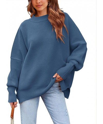 Women's Oversized Sweater 2024 Casual Fall Crewneck Long Sleeve Loose Side Slit Ribbed Knit Pullover Tops Solid Blue $27.43 S...