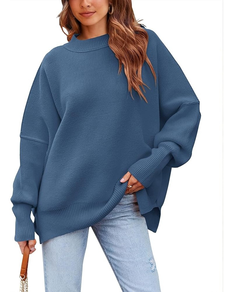 Women's Oversized Sweater 2024 Casual Fall Crewneck Long Sleeve Loose Side Slit Ribbed Knit Pullover Tops Solid Blue $27.43 S...