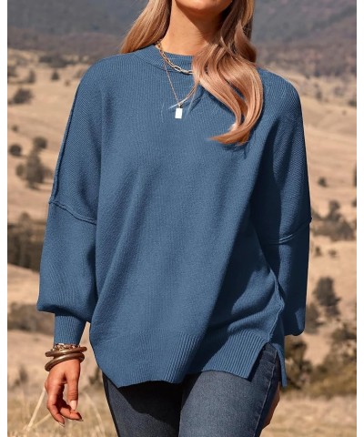 Women's Oversized Sweater 2024 Casual Fall Crewneck Long Sleeve Loose Side Slit Ribbed Knit Pullover Tops Solid Blue $27.43 S...