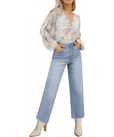 Wide Leg Jeans Woman Straight Leg Jeans for Women Stretchy High Waisted Crop Capri Woman Jeans with Raw Hem A lightblue $22.0...