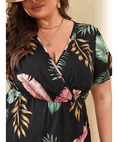 Women's Plus Size Tropical Short Sleeve Wrap V Neck A Line Flared Dress Black Green $16.52 Dresses