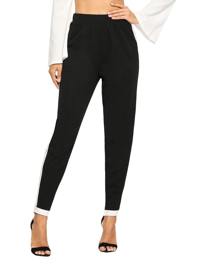 Women's Elegant Elastic Waist Skinny High Waist Pants Stripe Black $11.59 Pants