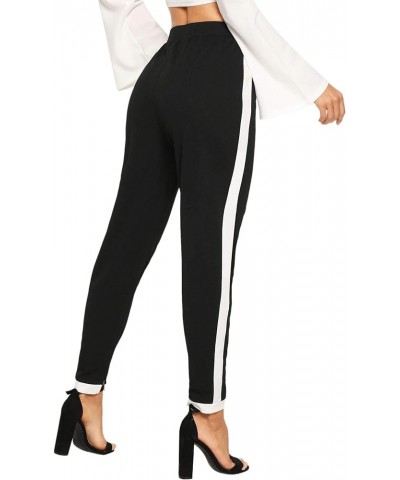 Women's Elegant Elastic Waist Skinny High Waist Pants Stripe Black $11.59 Pants