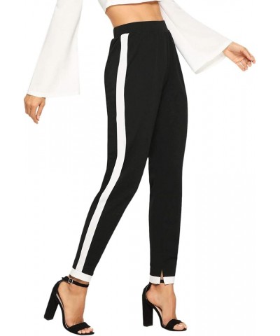 Women's Elegant Elastic Waist Skinny High Waist Pants Stripe Black $11.59 Pants