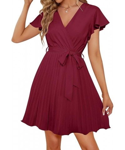 Women's Wrap V Neck Mini Dress 2024 Summer Flutter Sleeve Tie Waist Pleated A Line Swing Wedding Party Short Dresses Fuchsia ...