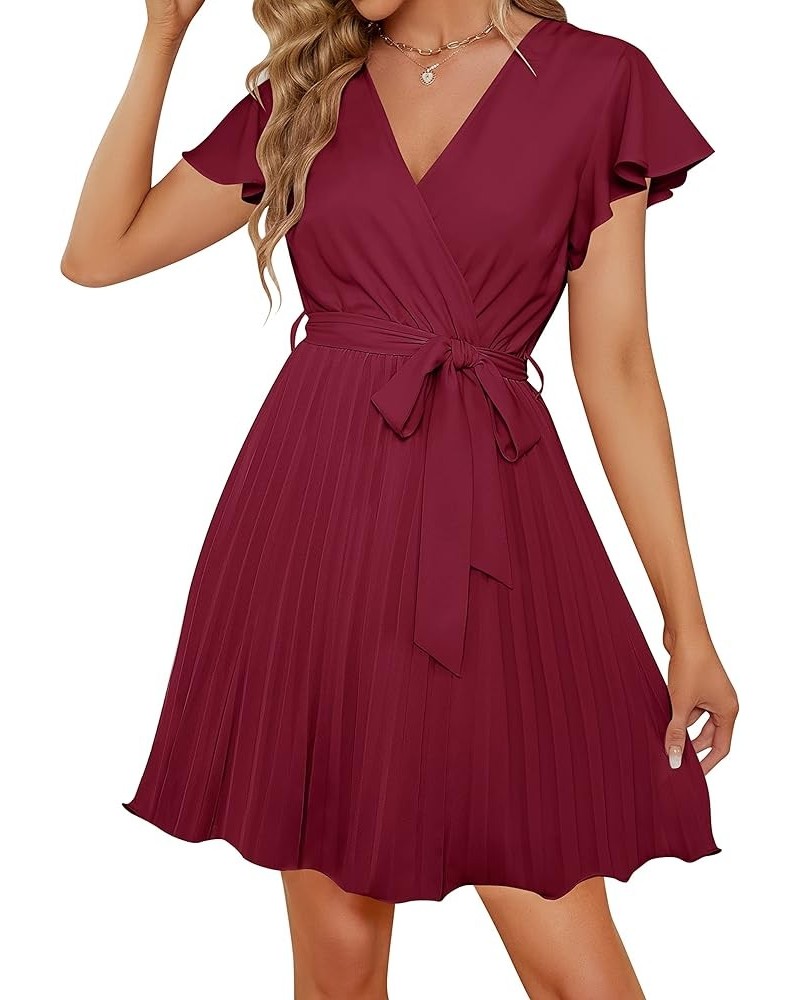 Women's Wrap V Neck Mini Dress 2024 Summer Flutter Sleeve Tie Waist Pleated A Line Swing Wedding Party Short Dresses Fuchsia ...