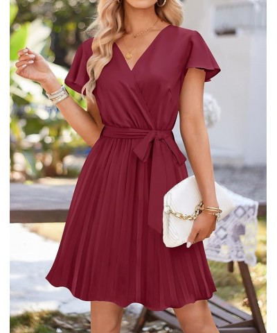 Women's Wrap V Neck Mini Dress 2024 Summer Flutter Sleeve Tie Waist Pleated A Line Swing Wedding Party Short Dresses Fuchsia ...