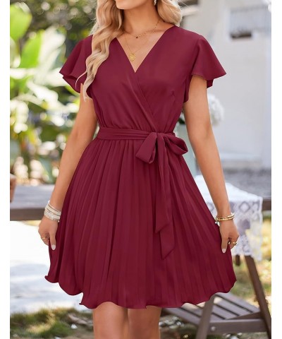 Women's Wrap V Neck Mini Dress 2024 Summer Flutter Sleeve Tie Waist Pleated A Line Swing Wedding Party Short Dresses Fuchsia ...