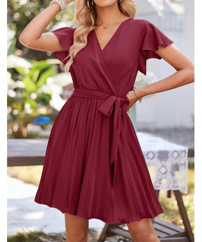 Women's Wrap V Neck Mini Dress 2024 Summer Flutter Sleeve Tie Waist Pleated A Line Swing Wedding Party Short Dresses Fuchsia ...