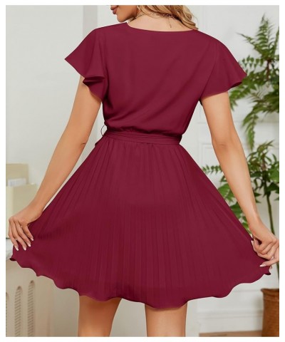 Women's Wrap V Neck Mini Dress 2024 Summer Flutter Sleeve Tie Waist Pleated A Line Swing Wedding Party Short Dresses Fuchsia ...