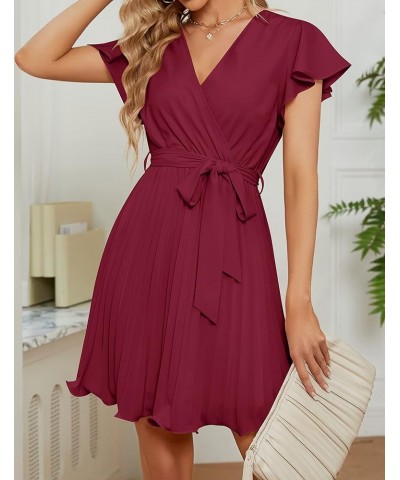 Women's Wrap V Neck Mini Dress 2024 Summer Flutter Sleeve Tie Waist Pleated A Line Swing Wedding Party Short Dresses Fuchsia ...