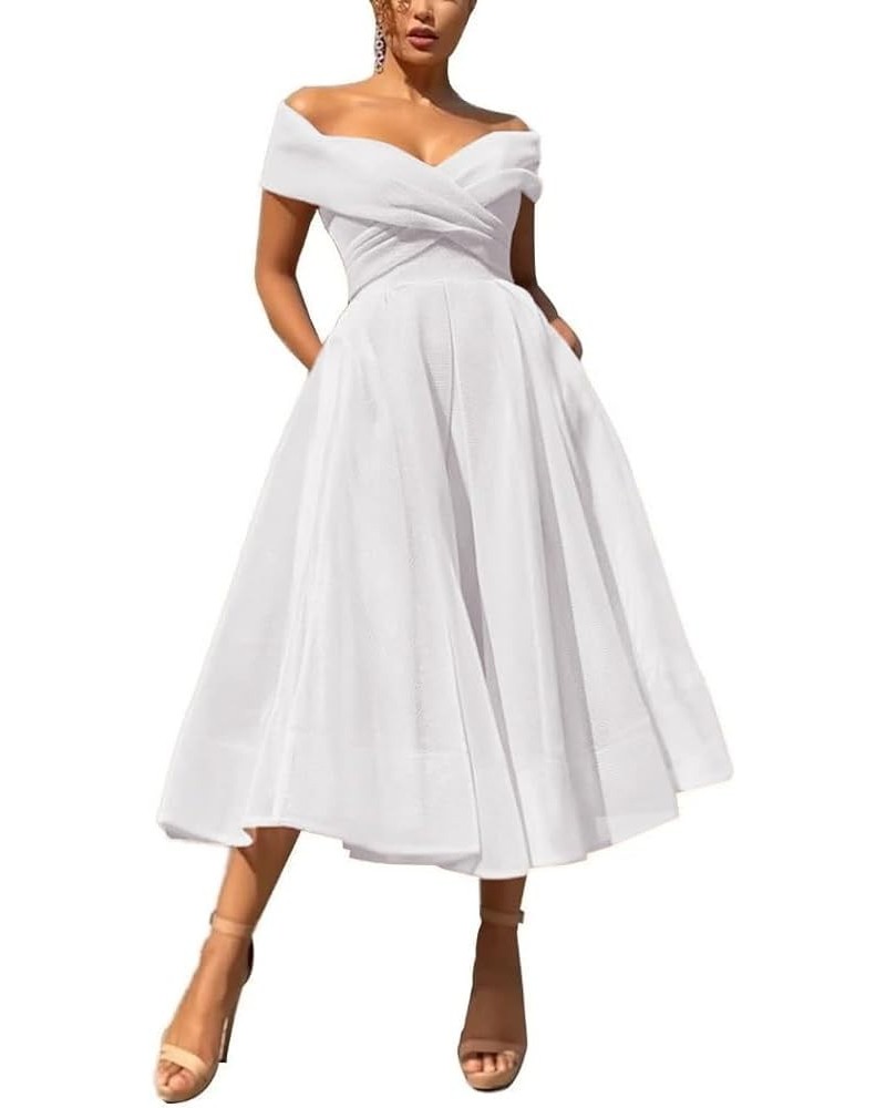 Off Shoulder Prom Dresses for Women Pleated A Line Tulle Formal Evening Gowns Elegant Party Dresses with Pockets White $36.67...