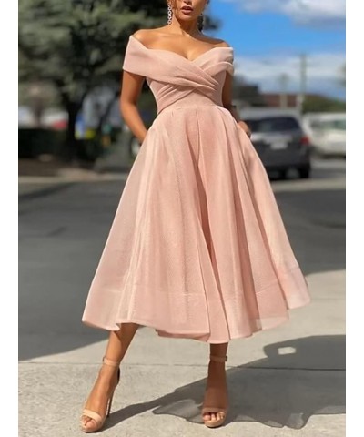 Off Shoulder Prom Dresses for Women Pleated A Line Tulle Formal Evening Gowns Elegant Party Dresses with Pockets White $36.67...