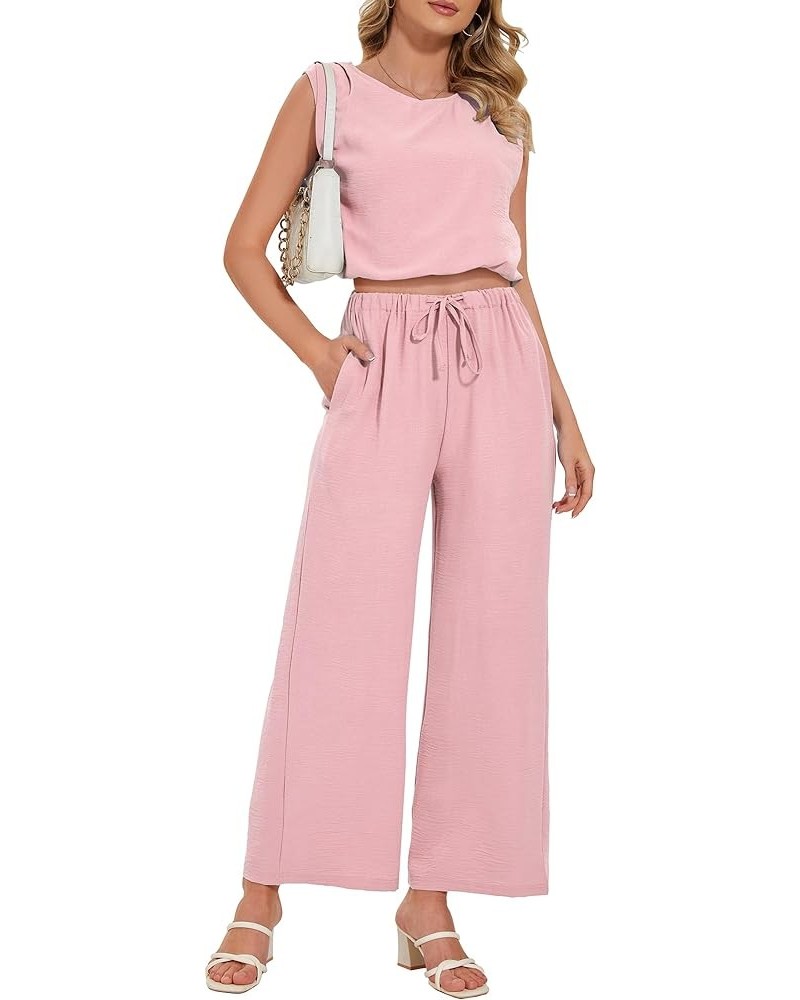 Women's Summer 2 Piece Outfits Sleeveless Crew Neck Tank Crop Top Lounge Matching Wide Leg Pants Sets with Pockets Light Pink...