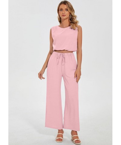 Women's Summer 2 Piece Outfits Sleeveless Crew Neck Tank Crop Top Lounge Matching Wide Leg Pants Sets with Pockets Light Pink...