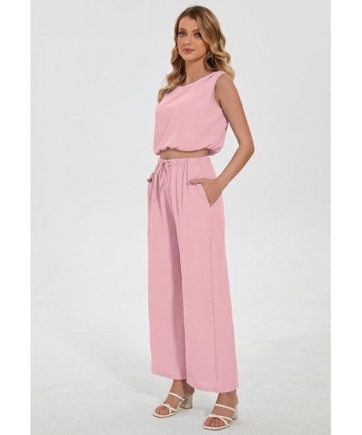 Women's Summer 2 Piece Outfits Sleeveless Crew Neck Tank Crop Top Lounge Matching Wide Leg Pants Sets with Pockets Light Pink...