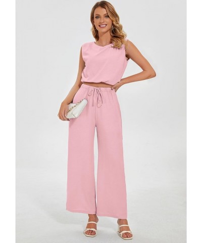 Women's Summer 2 Piece Outfits Sleeveless Crew Neck Tank Crop Top Lounge Matching Wide Leg Pants Sets with Pockets Light Pink...