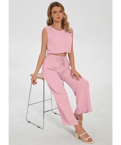 Women's Summer 2 Piece Outfits Sleeveless Crew Neck Tank Crop Top Lounge Matching Wide Leg Pants Sets with Pockets Light Pink...