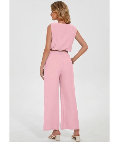 Women's Summer 2 Piece Outfits Sleeveless Crew Neck Tank Crop Top Lounge Matching Wide Leg Pants Sets with Pockets Light Pink...