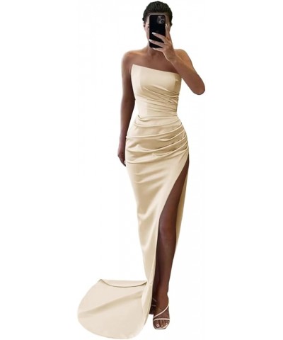 Satin Ruched Prom Dresses Long Strapless Bridesmaid Dress Mermaid with Slit Formal Party Dress Champagne $29.69 Dresses