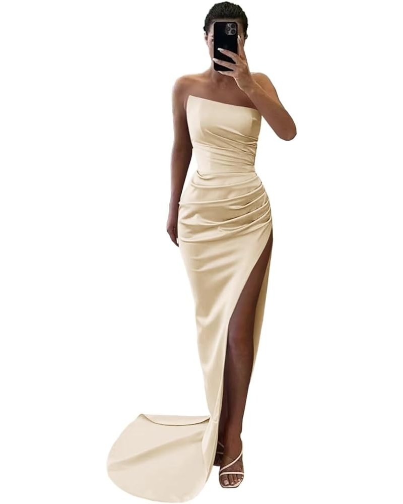 Satin Ruched Prom Dresses Long Strapless Bridesmaid Dress Mermaid with Slit Formal Party Dress Champagne $29.69 Dresses