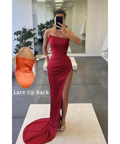 Satin Ruched Prom Dresses Long Strapless Bridesmaid Dress Mermaid with Slit Formal Party Dress Champagne $29.69 Dresses