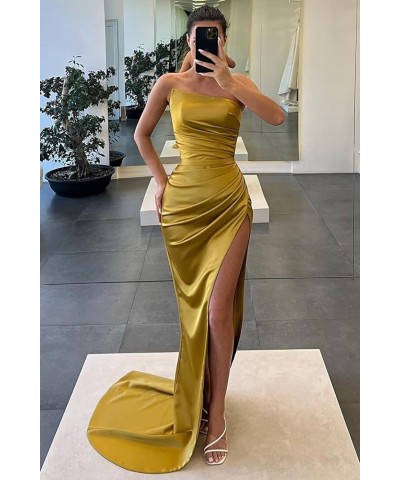 Satin Ruched Prom Dresses Long Strapless Bridesmaid Dress Mermaid with Slit Formal Party Dress Champagne $29.69 Dresses