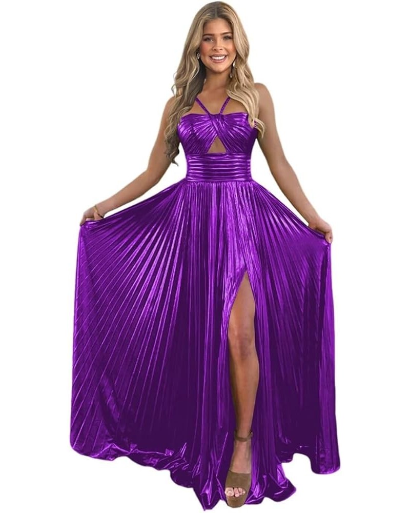 Sparkly Satin Prom Dresses Long with Slit Empire Waist A Line Keyhole Satin Formal Party Dress for Women AG083 Purple $29.99 ...