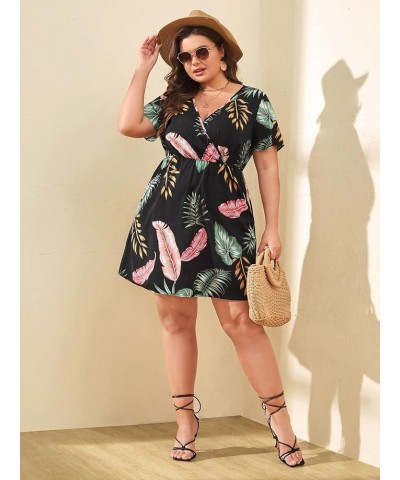 Women's Plus Size Tropical Short Sleeve Wrap V Neck A Line Flared Dress Black Green $16.52 Dresses