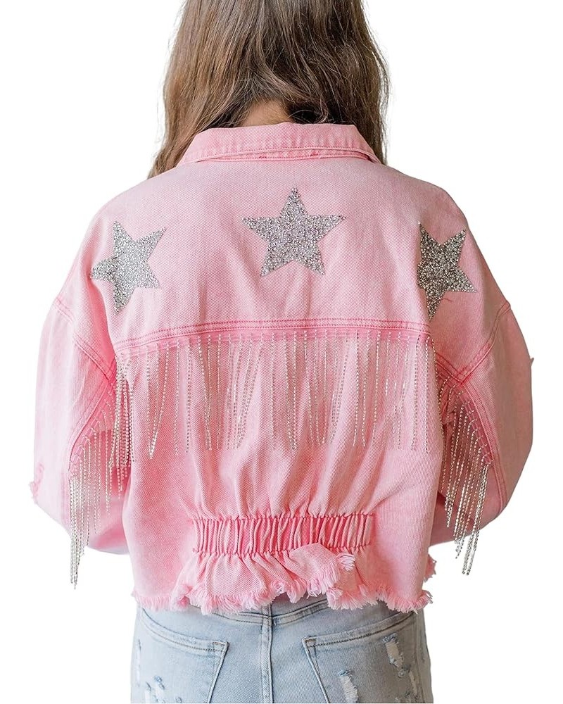 Womens Cropped Sparkling Rhinestone Fringe Jean Jacket Glittering Star Denim Jacket Pink $32.44 Jackets