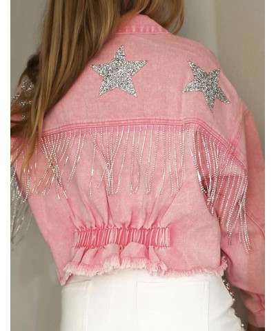 Womens Cropped Sparkling Rhinestone Fringe Jean Jacket Glittering Star Denim Jacket Pink $32.44 Jackets